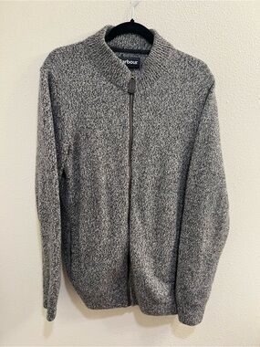 Barbour Cardigan Sweater Mens Medium Gray Full Zip Mock Neck Knit Pockets
